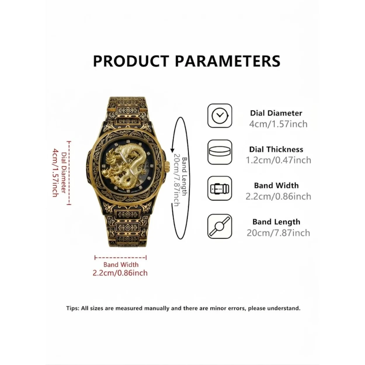 Vintage dragon pattern carved wristwatch for men, worn for daily business gatherings, mechanical wristwatch, vintage relief