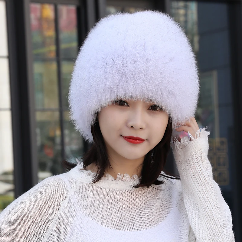 Real Fox Fur Hat Women Winter Luxury Knitted Fur Caps Russians Thicken Bomber Hats Natural Fox Fur Hats With Ear Protection