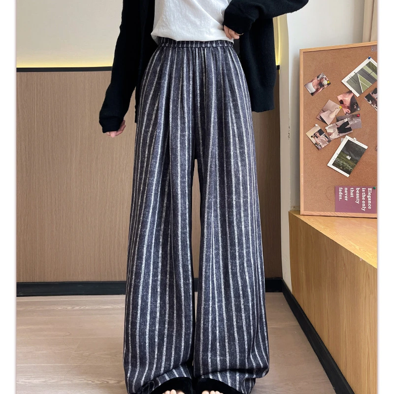 

Vertical Striped Wide-leg Pants Women Casual Lazy Style Floor Trousers Draped and Slim Straight Pants
