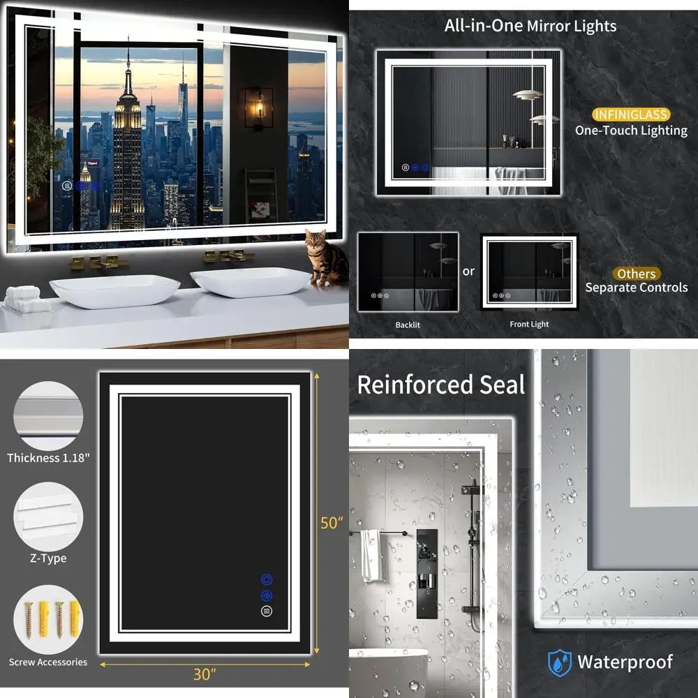 

Anti-Fog LED Bathroom Mirror, 50x30, Stepless Dimmable Lights, 3 Color Modes, Shatter-Resistant Tempered Glass, Memory Function,