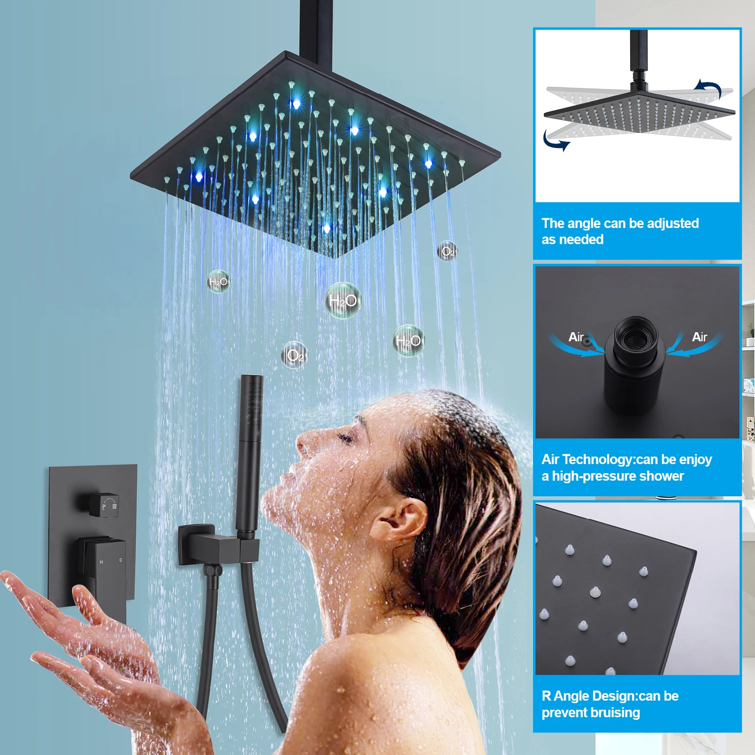 Matte Black LED Shower System Wall Mounted 10 Inches High Pressure Rainfall Shower Head with Dual Mode Bar Handheld Shower Head