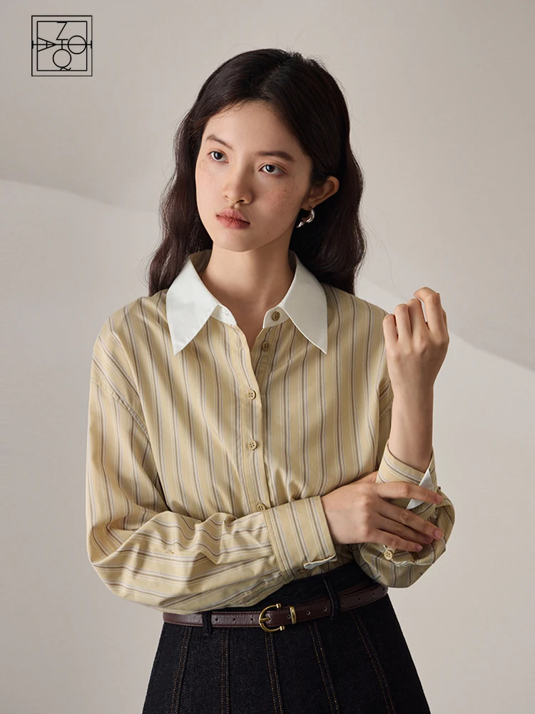 

ZIQIAO Cozy Style Loose Design Striped Shirt for Women Autumn New Contrast Color Small Lapel Commuter Sense Top Shirts Female