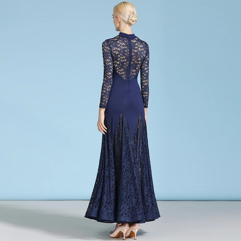 

High Collar Party Ballroom Dance dress Championship Lace Practice Waltz Competition Dress Women Mesh Long Sleeve navy blue