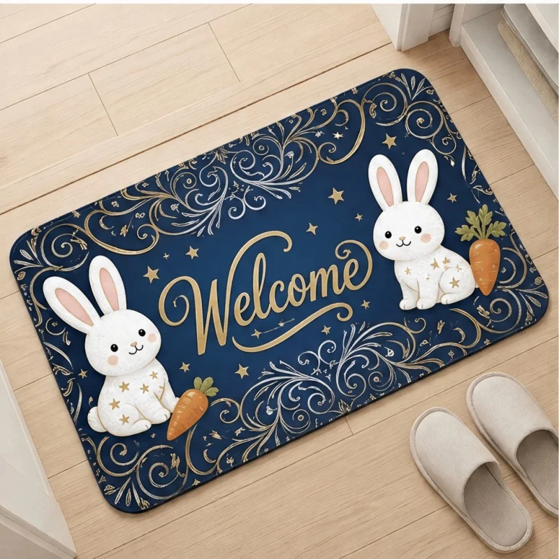 Welcome Puppy Doormat, White Dog Bone Print Entry Mat, Navy Blue Front Door Decor