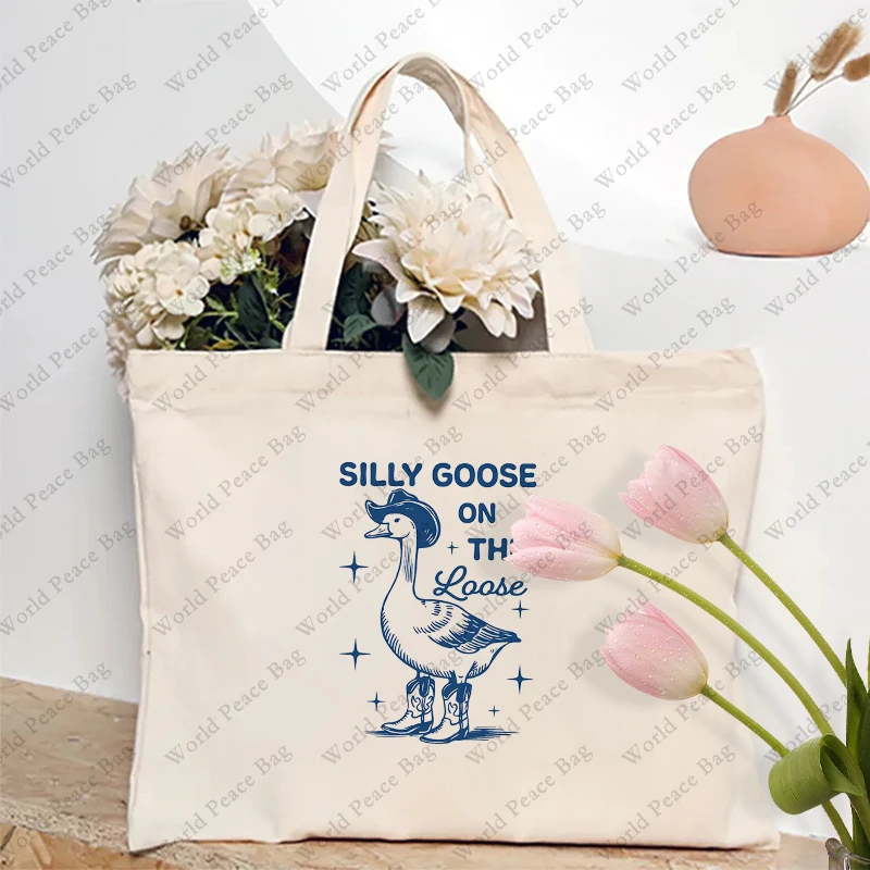 1 pc Silly Goose On The Loose pattern Tote Bag Canvas Shoulder Bag For Travel Daily Commute Women\'s Reusable Shopping Bag