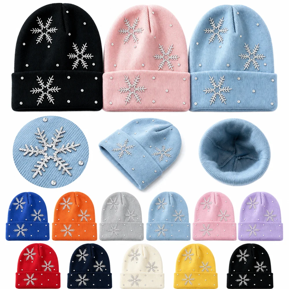 Knitted Fabric Winter Beanie Rhinestone Snowflake Embellishment Children Knit Hat Folded Cuff Soft Snowflake Knitted Cap