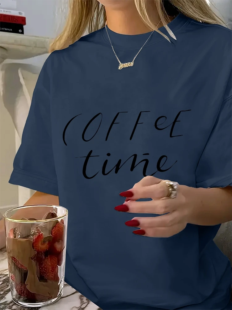Casual Cotton T-Shirt Women's Coffee Time Graphic Tees Y2k Clothes Y2k Streetwear Round Neck Short Sleeve Women Clothing