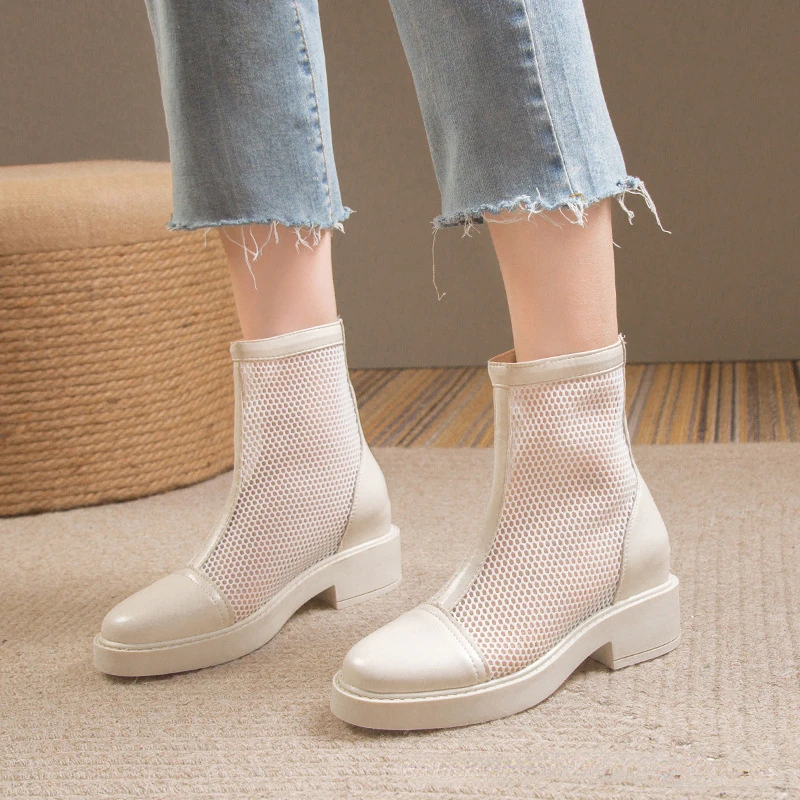 Mesh Hollow Chelsea Short Boots Women Summer Thin Section Breathable Thick Heel 6 Boots Female High Top Sandals Casual Shoe