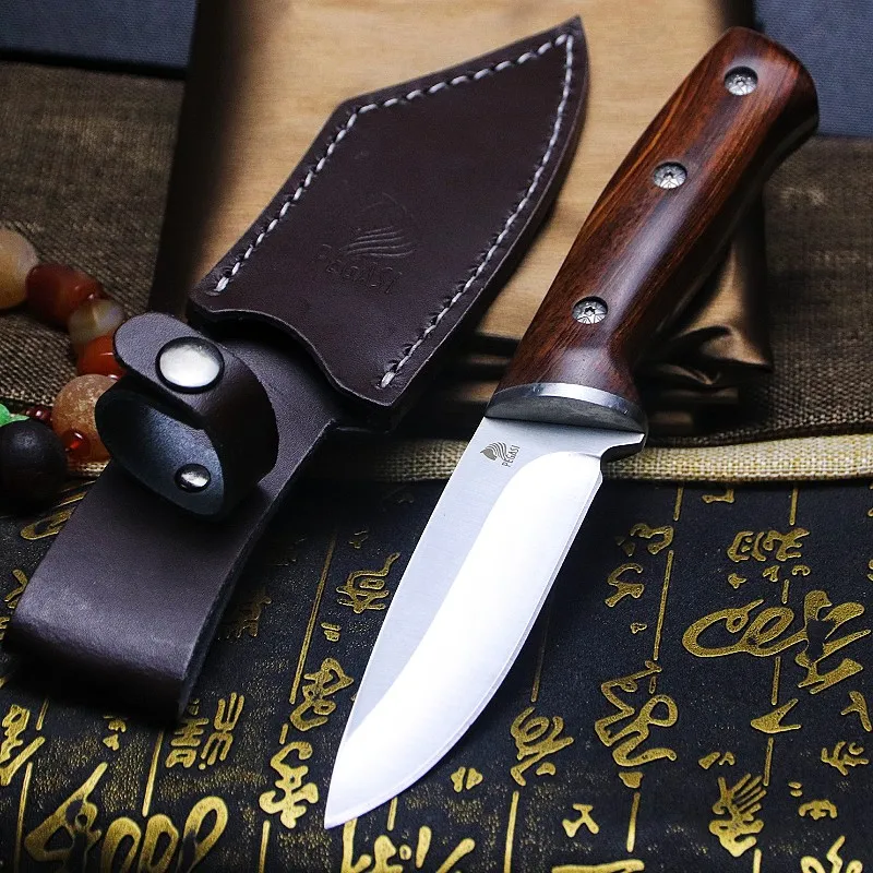 9CR18MOV Mirror light high end wood handle one steel sharp hunting knife home slicing knife outdoor tactical straight knife