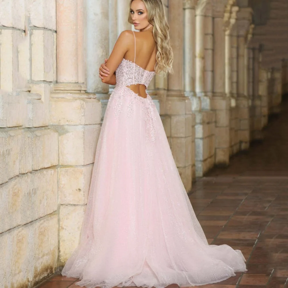 Customized Pink Romantic Prom Dresses V Neck A Line Applique Party Gowns Spaghetti Straps Evening Dress Split Vestidos De Novia