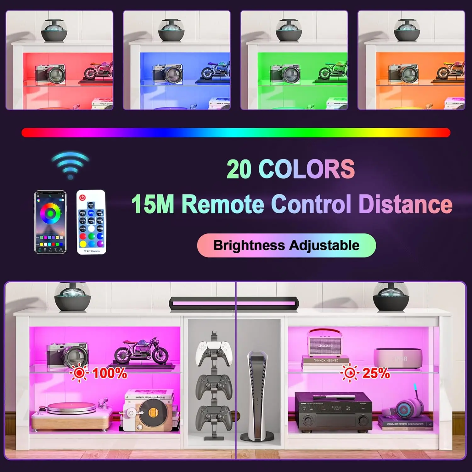 حامل تلفزيون LED عالي اللمعان مقاس 63 بوصة لتلفزيون 50 55 60 65 70 75 بوصة، مركز ترفيه الألعاب لـ PS5، خزانة تلفزيون مع رف زجاجي