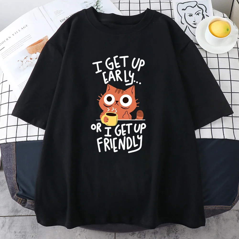 Morning Cat Hip Hop Coffee Cat Printing Women T-Shirts Creativity Vintage O-Neck Tee Clothing Breathable Women Tops Graphic Y2K