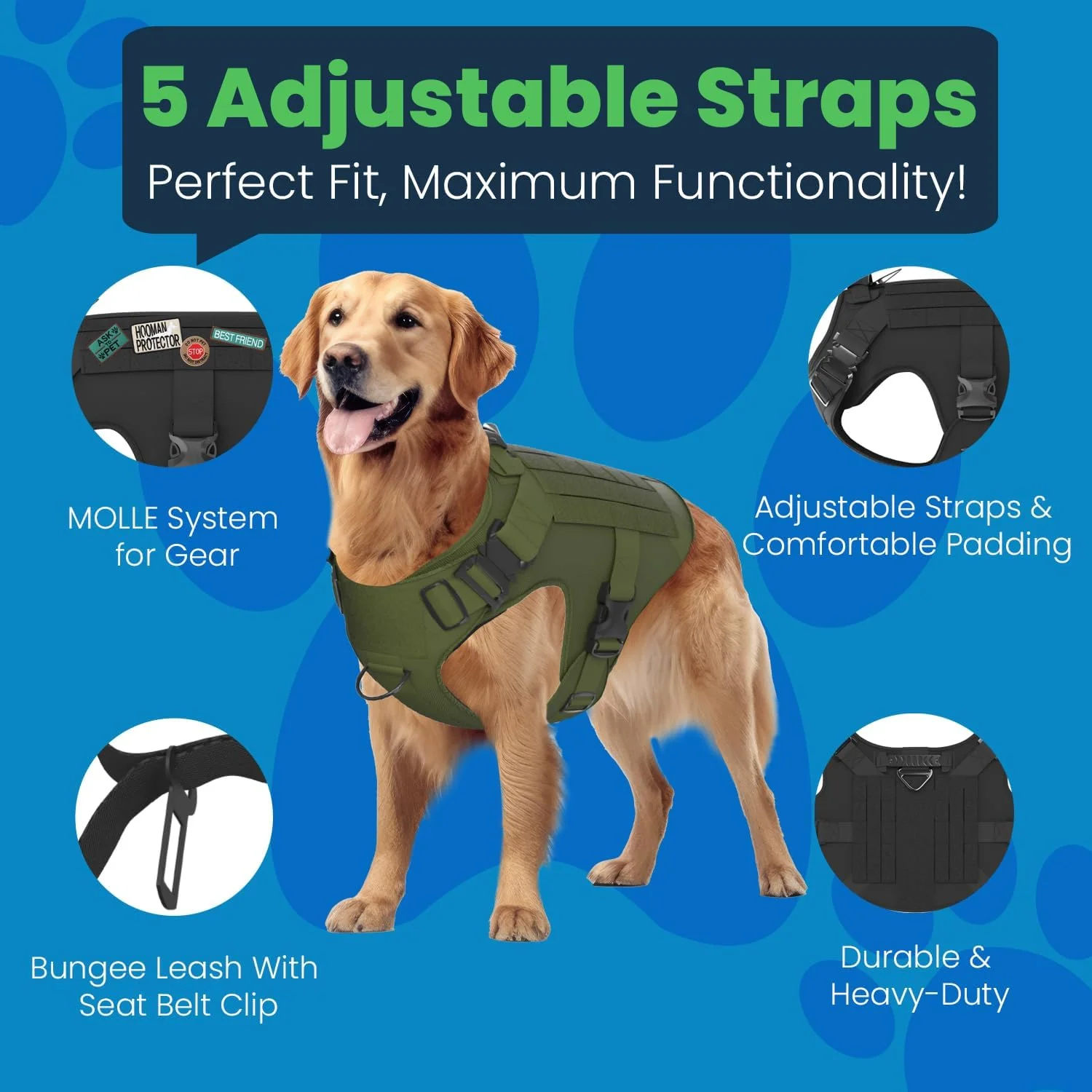 Adjustable Tactical Dog Harness & Leash Set - No-Pull MOLLE Vest with Handle, Front Leash Clip,  &  - Perfect for Small to Large