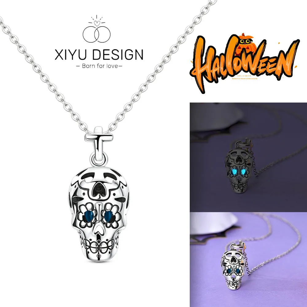 

Halloween Party Necklace 925 Sterling Silver Luminous Skull Man Chain Necklace Charms Necklace Luxury Women Jewelry Day Gift