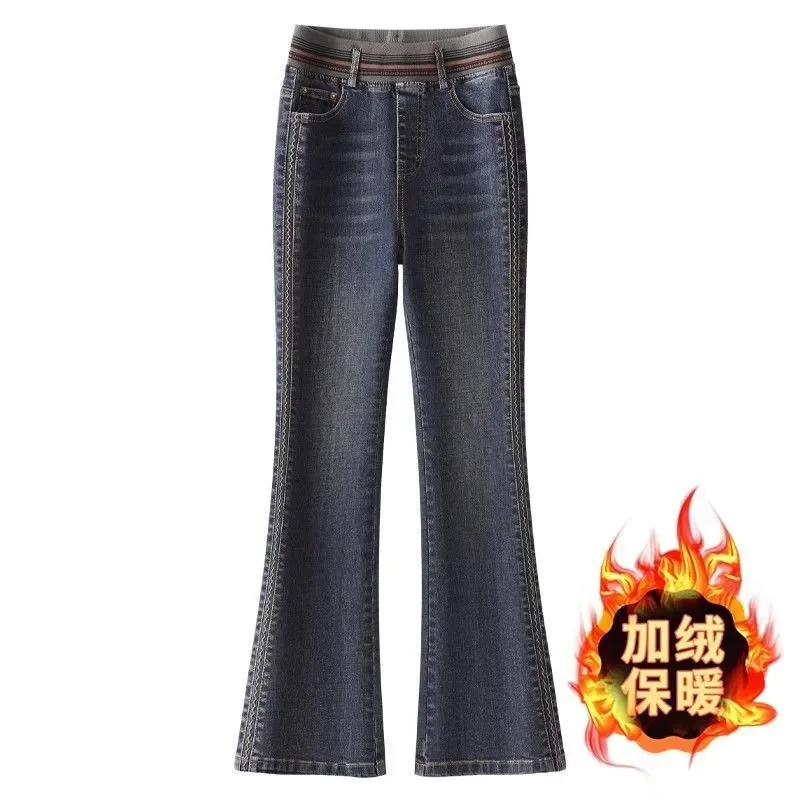 

Слегка расклешенные джинсы для женщин осень-зима плюс бархатные утолщенные брюки 2025 новые узкие расклешенные брюки с высокой талией