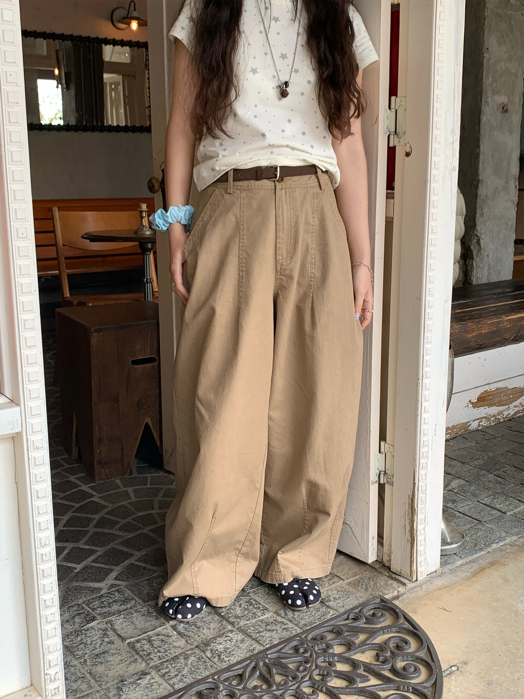 

Vintage Relaxed Fit Wide Leg Pants High Waist Zipper Closure Cotton Straight Cut Casual Trousers for Women No Stretch