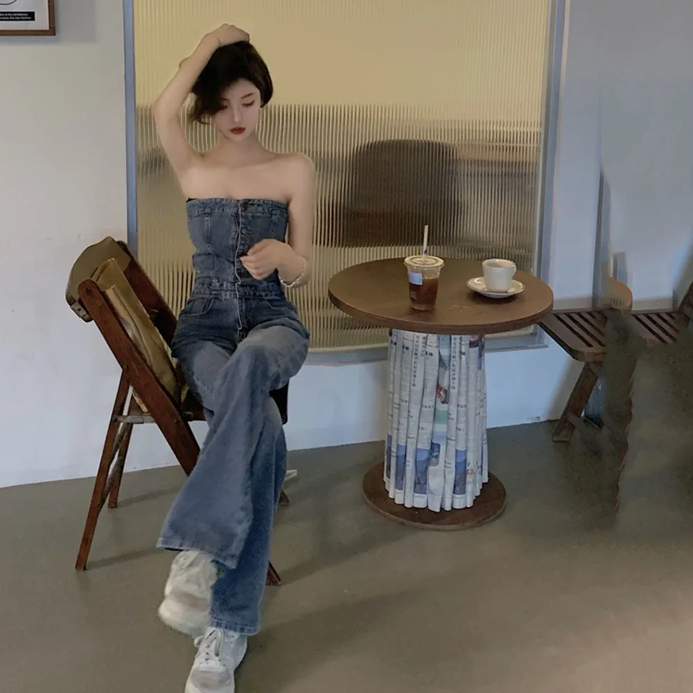 Spring Autumn New Temperament Sexy Sleeveless Tube Denim Wide-leg Jumpsuits Women Fashion Streetwear 2022