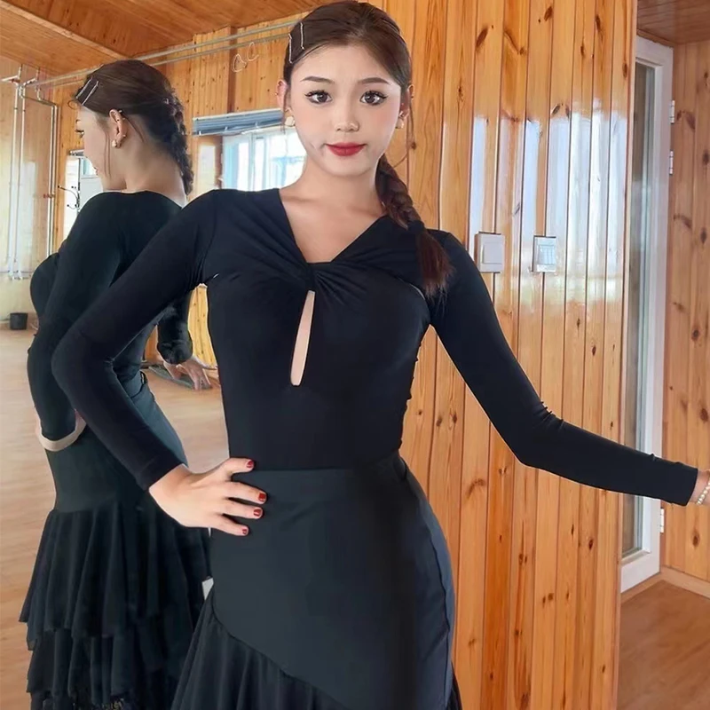 

New Latin Dance Clothes Women Adult Long Sleeves Black Tops Ballroom Dance Skirt Practice Clothing Waltz Dance Dress BL12092