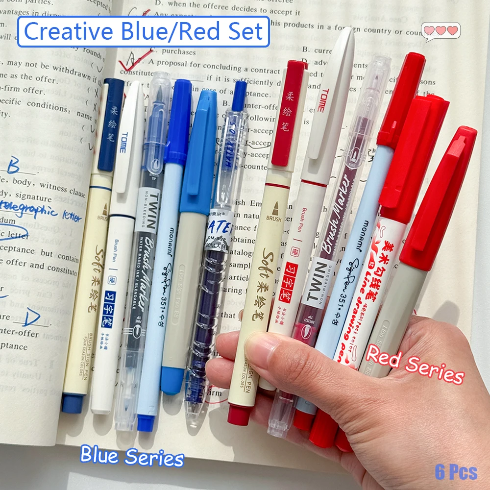 6 Pcs Creative Soft Tip Pens Calligraphy Marker Pens Multiple Tip Types Fine Line Drawing Pens Blue and Red Two Sets