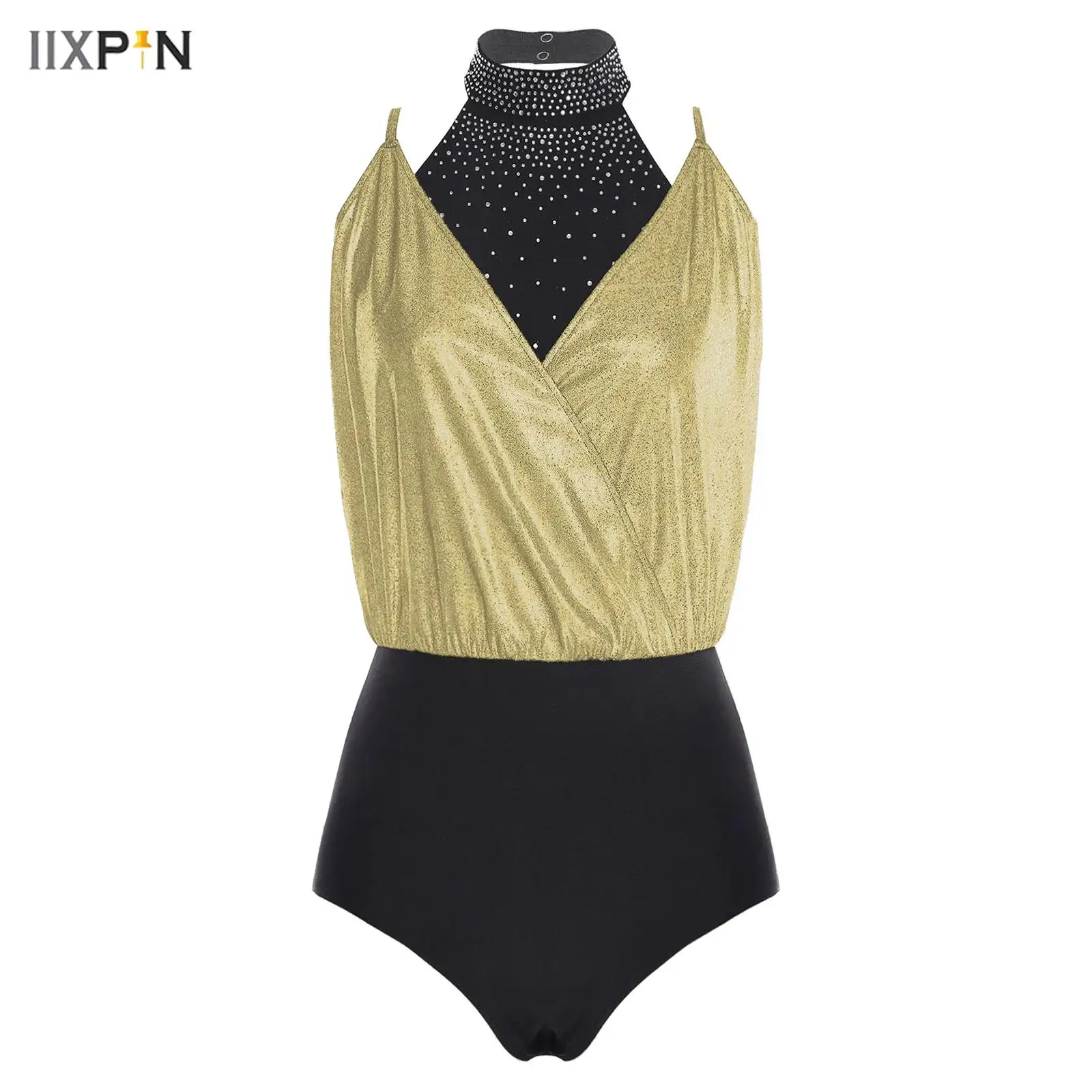 

Women's Jazz Disco Dance Gymnastics Figure Skating Costume Wrap V-Neck Spaghetti Straps Metallic Bodice Leotard with Halter Vest