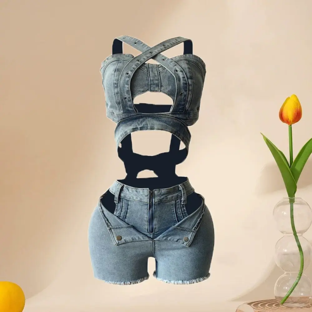 レトロカウボーイショーツセットスパイシーガールスタイルクロスベルトデニムクロップトップショーツジャンプスーツ女性服ノースリーブボディスーツガール
