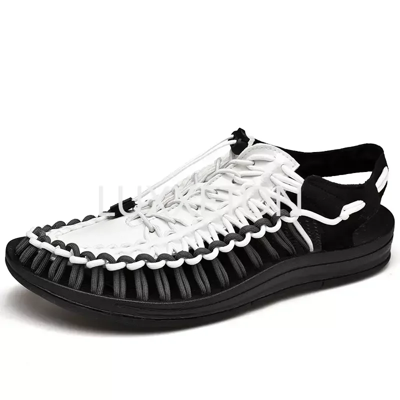 2024 New Leisure Men\'s Spring/Summer Knitted Sandals Fashionable and Trendy Beach Shoes with A Headband and One Step Lazy Shoes