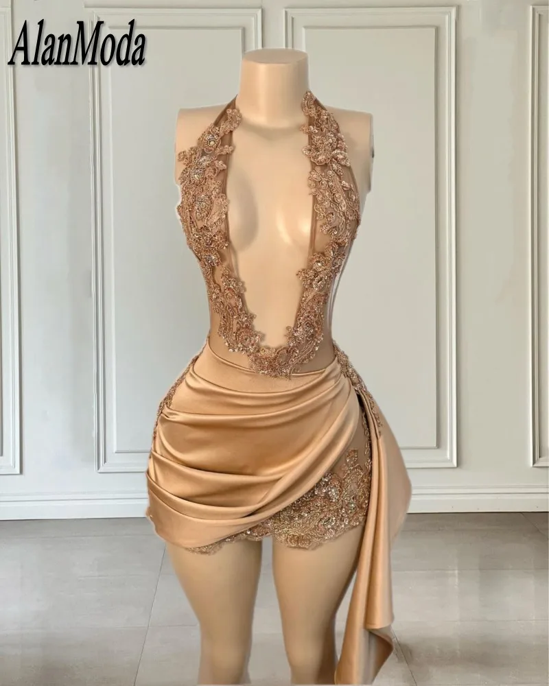 Rose Gold Short Prom Dress For Women 2025 Halter Birthday Dresses Beading Party Gowns Vestidos De Graduación Customized