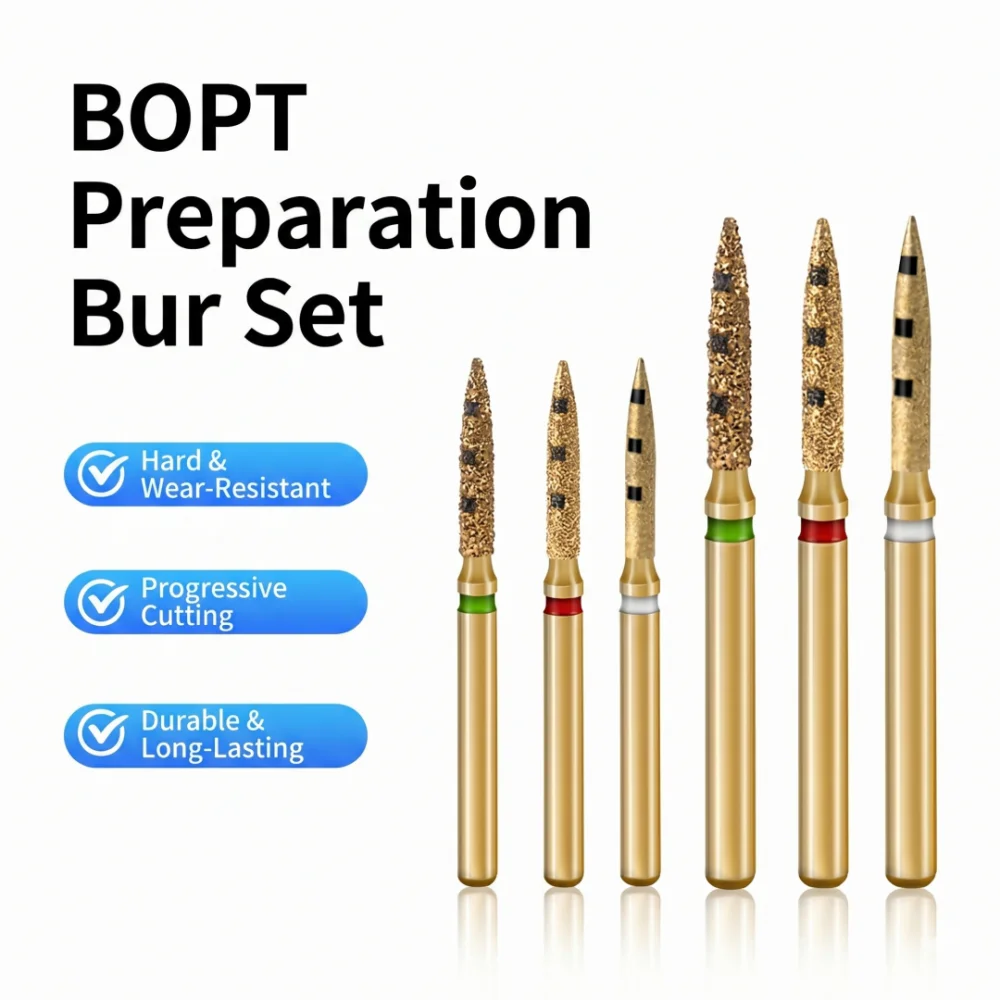 

Набор алмазных боров для подготовки зубов BOPT FG 7906, роторные инструменты с маркерами глубины для вертикальной подготовки и удаления фасок