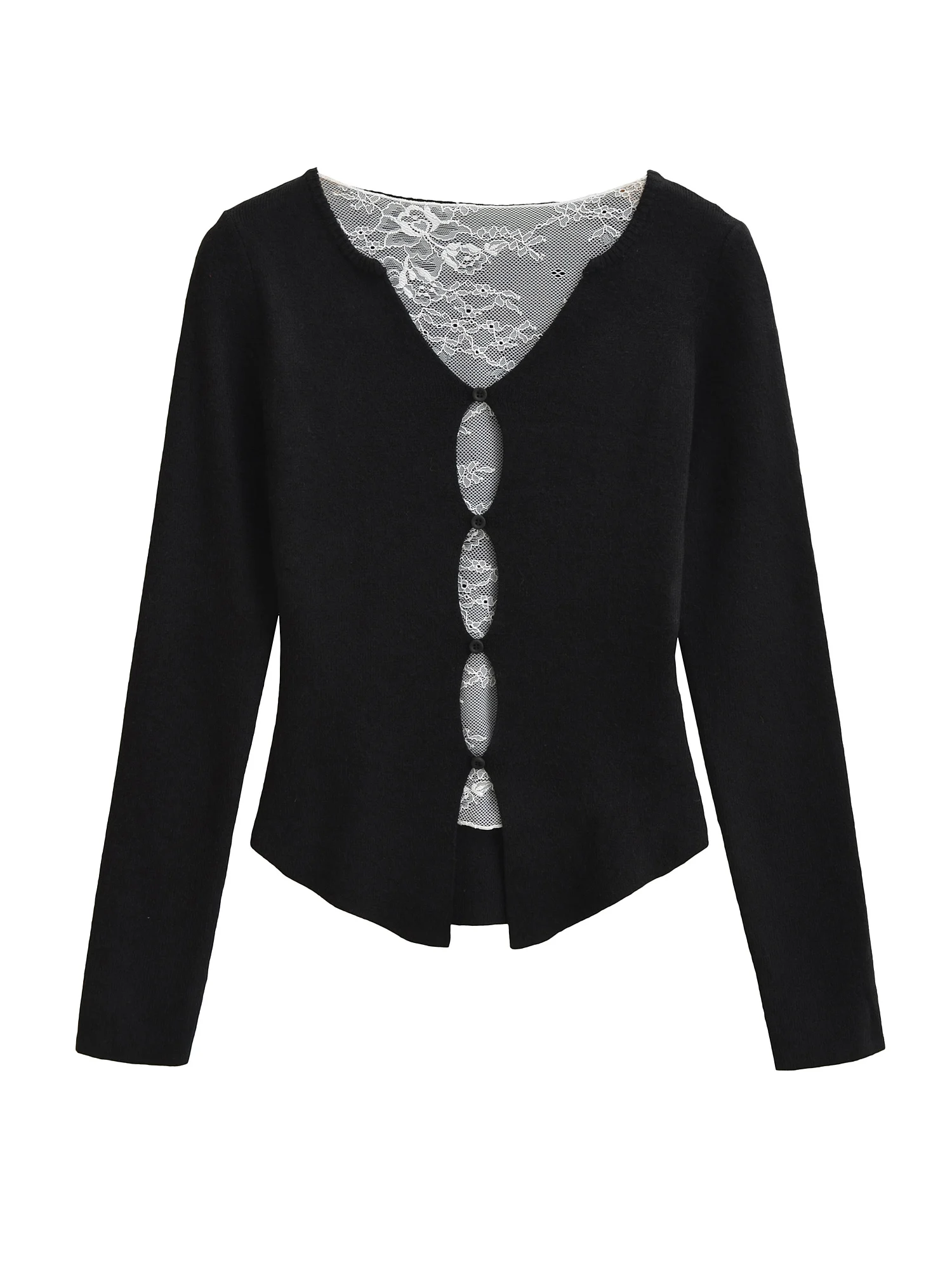 

American Sle Long Sve Lace Splicing Hollow out Fake Two-Piece Knitted Top Women Slimming Versatile Casual V-Ne Sweater