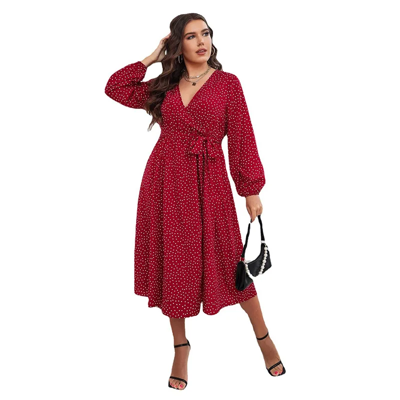 Rode Plus Size Polka Dot Jurk Met Lange Mouwen Voor Dames Zomer Lente Herfst Lange Jurk Klassieke Dameskleding