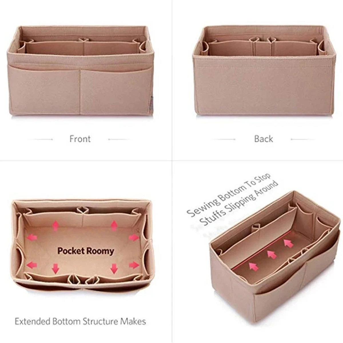 Makeup Organizer Bag Felt Cloth Cosmetic Insert Organizer Multi-Pockets Cosmetic Bags Large Capacity Detachable Handbag Insert