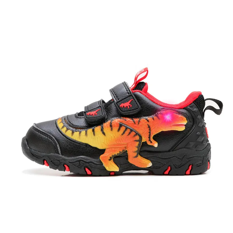 EXDINO Children Dinosaur LED Glowing Sneakers Boys Leather T-Rex Little Kids Light Up Flashing Casual Outdoor Shoes Ins Fashion