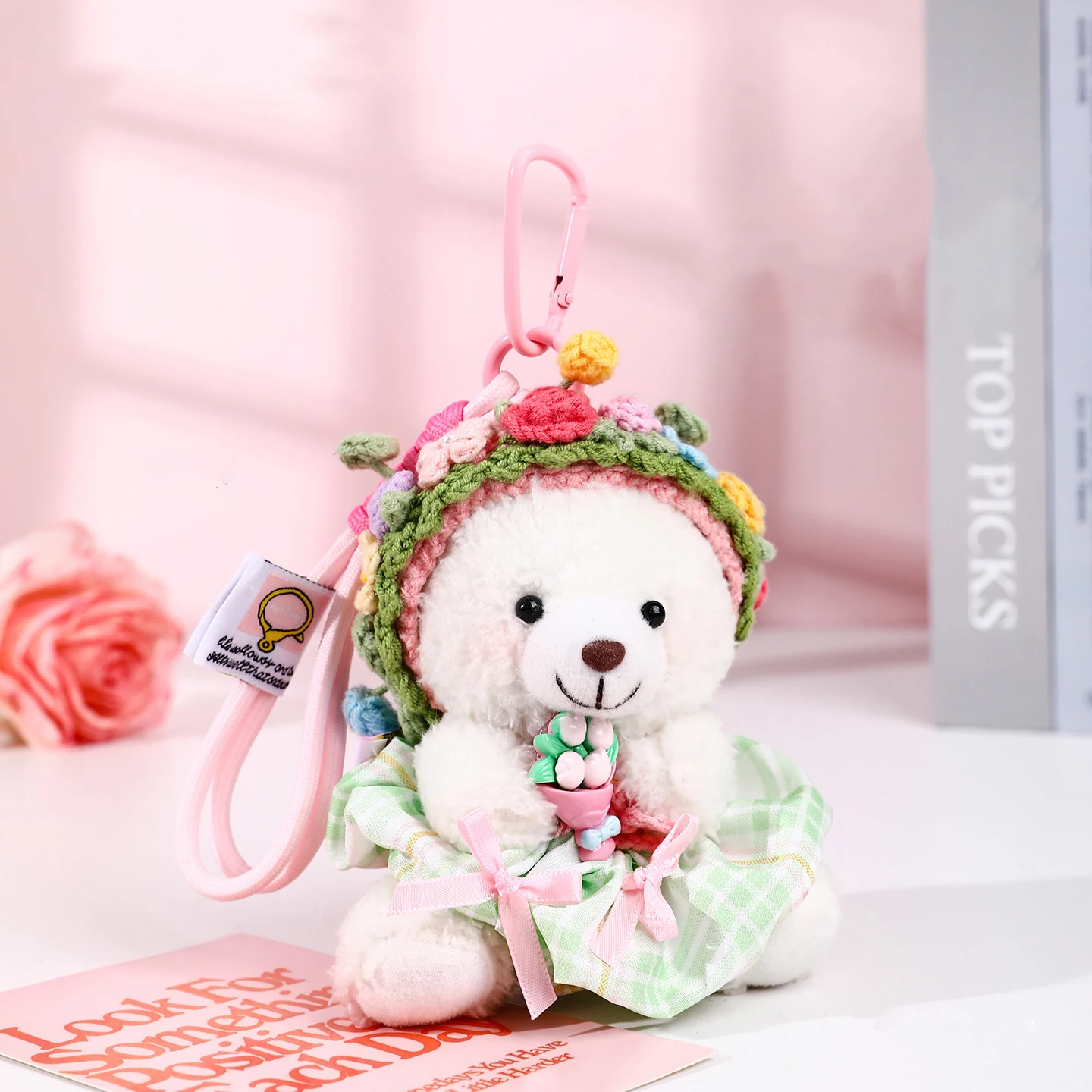 Cute Fluffy Knitted Head-pinned Flowers Hair Accessories Bear Keychain Hand Bouquet Green Plaid Skirt White Bear Doll Key Chain