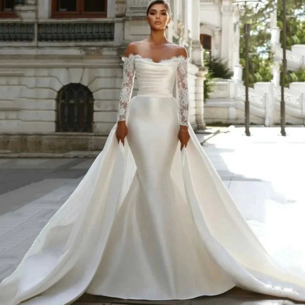 فستان زفاف كلاسيكي حورية البحر 2026 ذيل قابل للانفصال بدون أكتاف وأكمام طويلة دانتيل ساتيم فستان زفاف العروس vestidos de novia #1