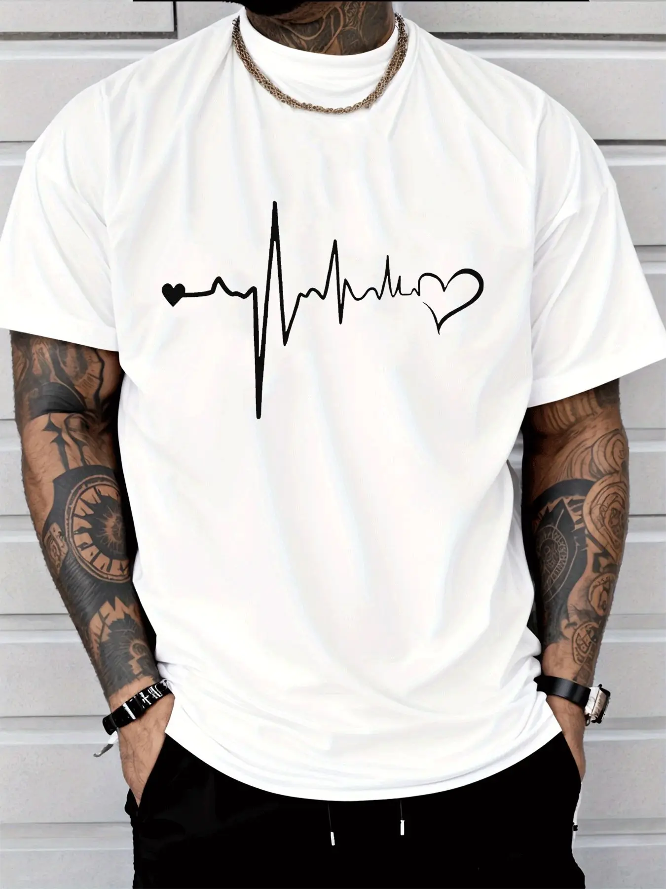 Men T Shirt Heartbeat Line Graphic Tee Minimalist Love Heart Print Short Sleeve Casual Tops Mens Summer Crew Neck Daily Tshirt