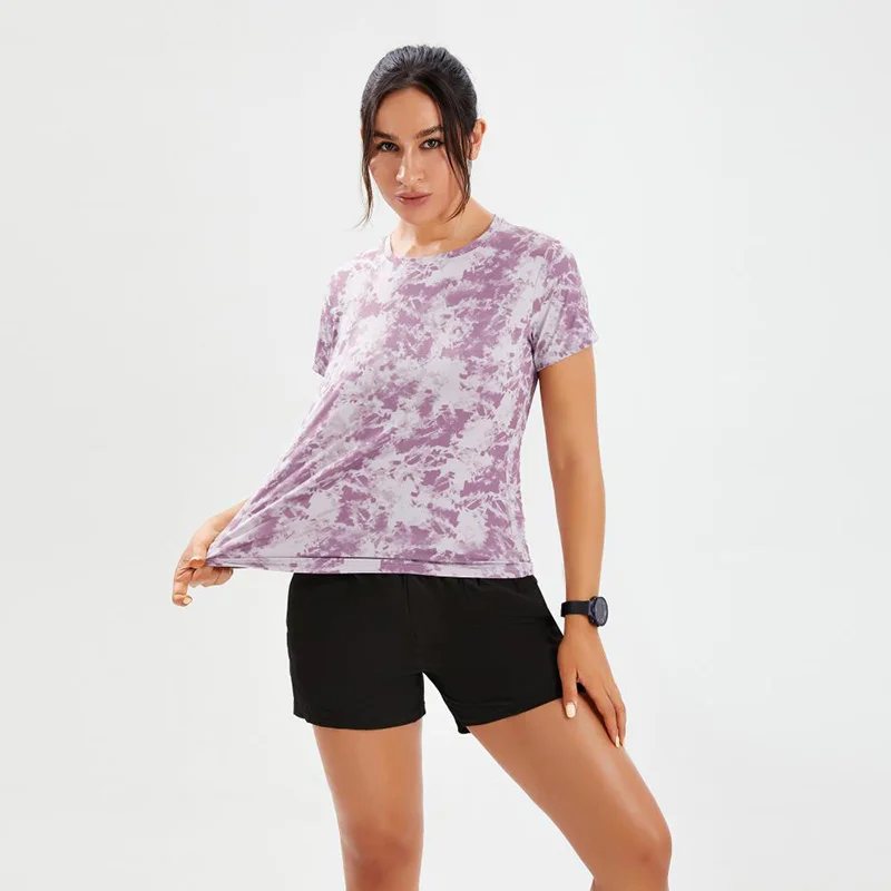 Women Sports Retro T-Shirt Short Sleeve Full Sublimation Floral Printed Exercise Workout Tee Shirt Fitness Nylon Stretch Tshirt