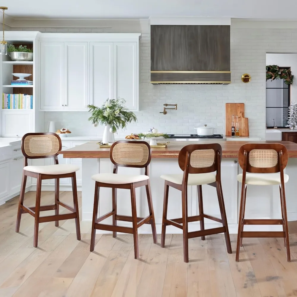 

Rattan Bar Stools Counter Height Bar Stools Set of 4, Faux Leather Upholstered Barstools with Rattan Back, Mid Century Modern Ba