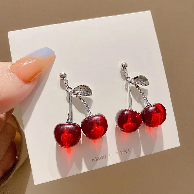 New Sweet Summer Red Transparent Cherry Fruit Fashion Long Ear Nail Earrings Fashion Black Anime Earring For Women Party Jewelry