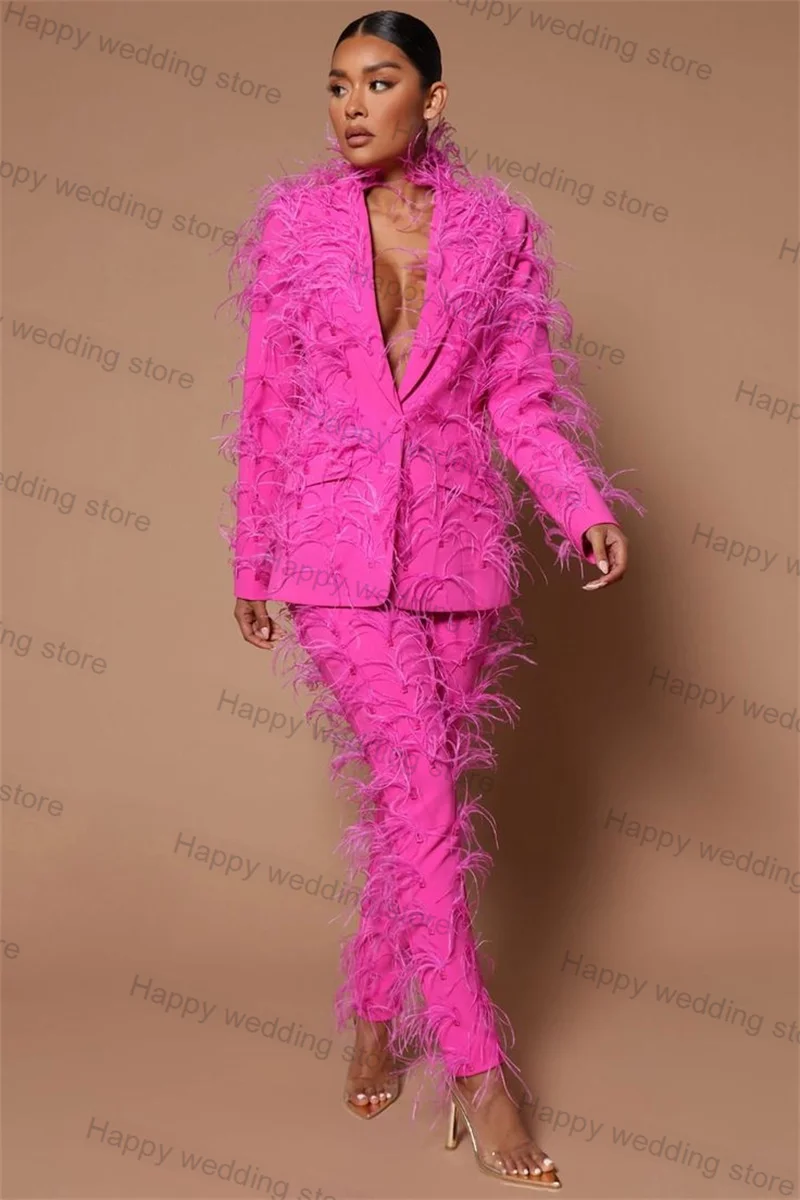 Hot Pink Feather Women Suit Pants Set 2 Piece Blazer+Trousers Prom Formal Office Lady Business Luxury Coat Jacket Customized