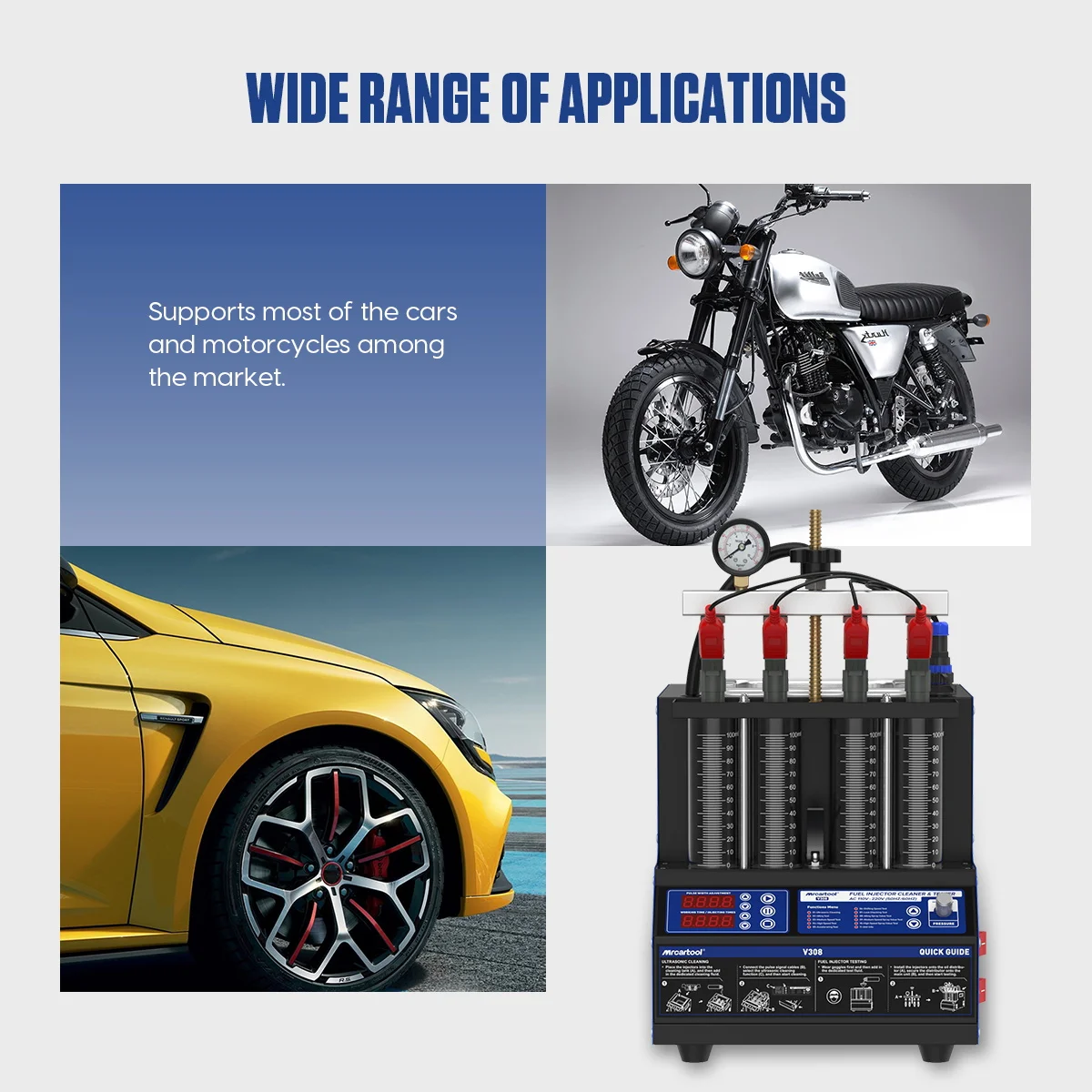 MR CARTOOL V308 Ultraschall-Kraftstoffeinspritzdüsen-Reinigungsgerät 4 Zylinder 110V 220V Kraftstoffeinspritzdüsen-Heizreiniger und -Tester für Auto und Motorrad – Detail 5