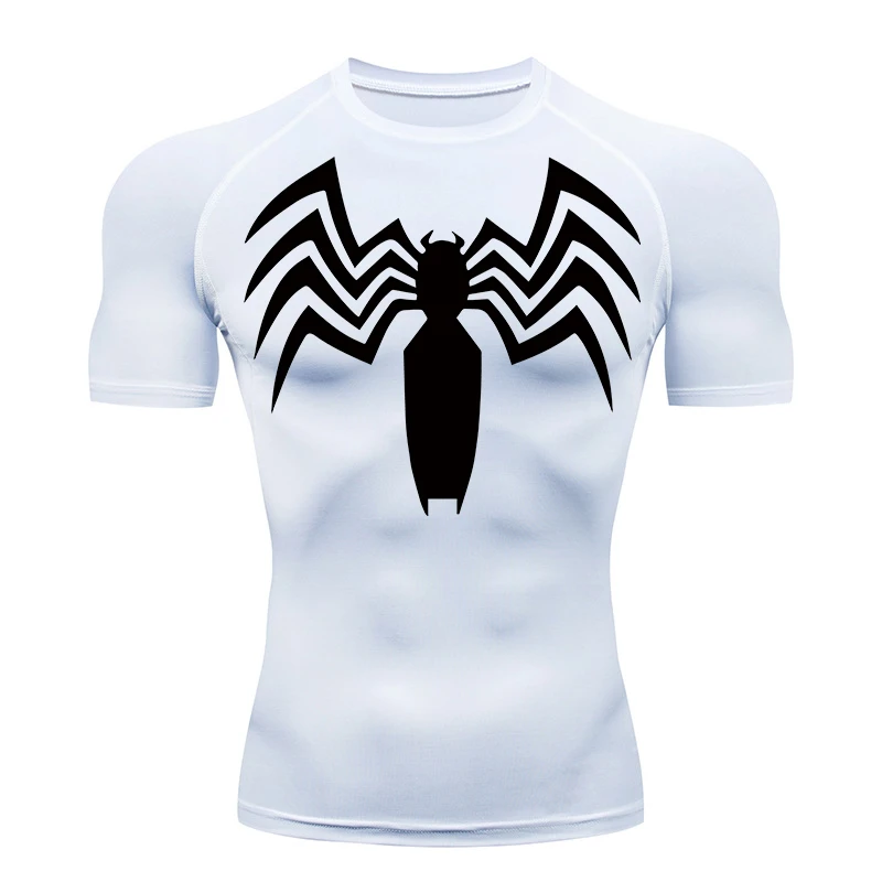 Spider Print Compression Shirts for Men Summer Short Sleeve Rash Guard Gym Workout Running Tshirt Athletic Quick Dry Tees Tops