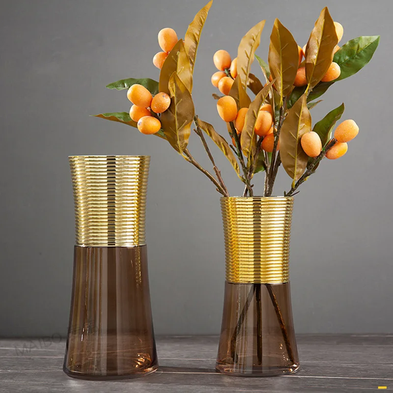 Metal Glass Vase Gold Round Flower Arrangement Accessories Home Furnishing Decoration Transparent Terrarium