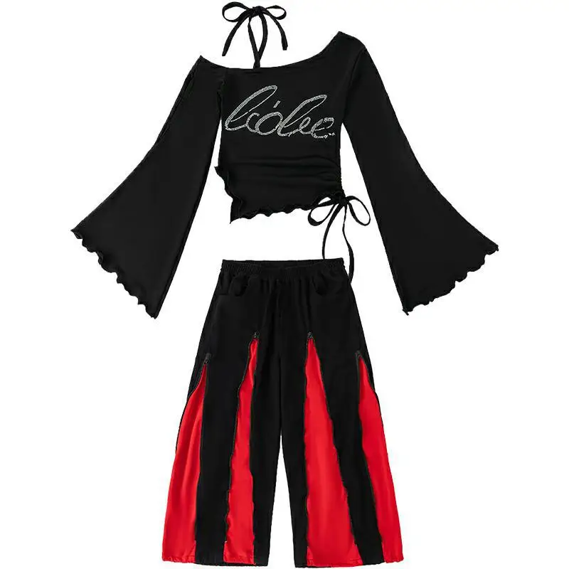 키즈 케이팝 힙합 의류 블랙 원숄더 사이드 타이 티셔츠 레드 캐주얼 지퍼 와이드 레그 팬츠 소녀 댄스 의상
