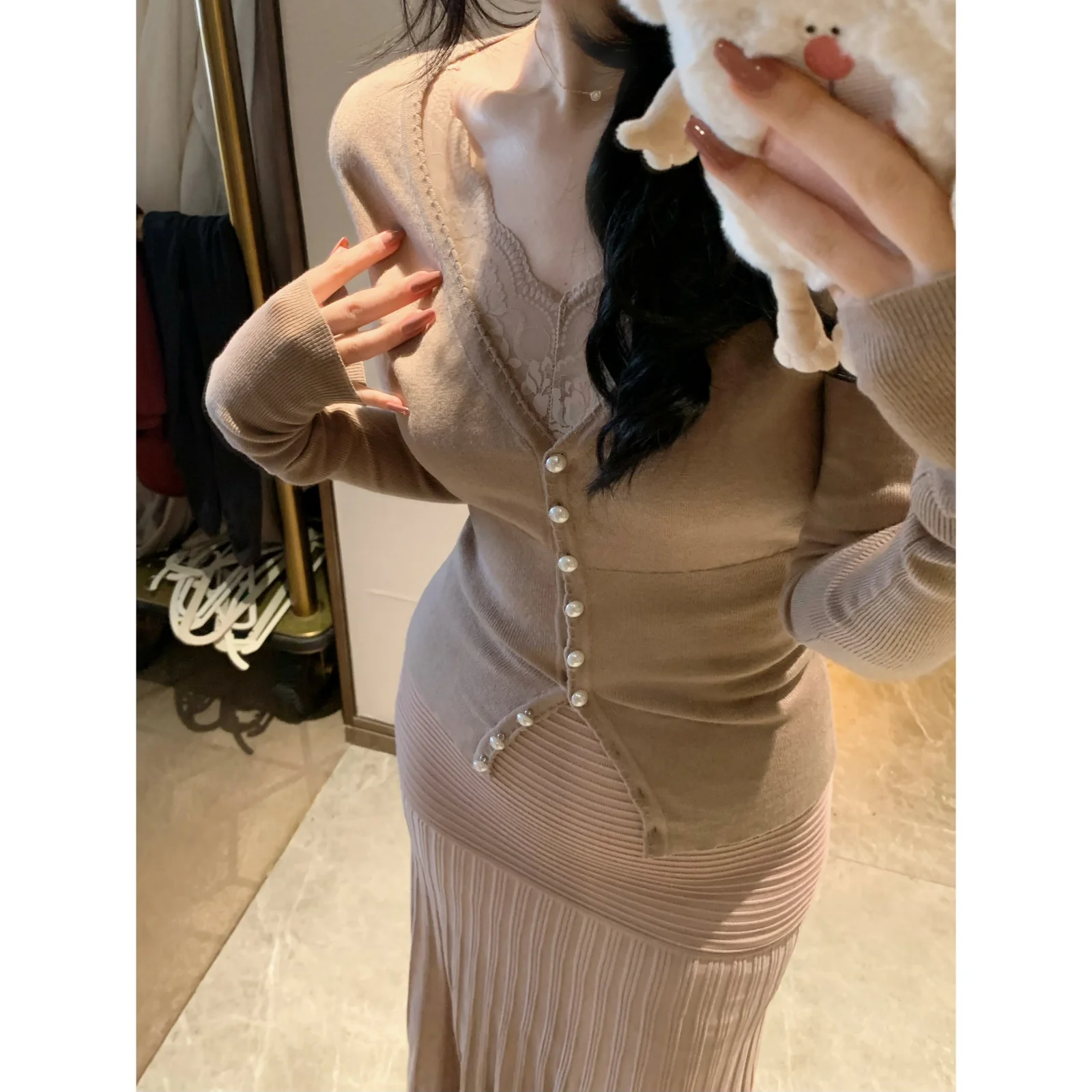 

Жемчужный шерстяной кардиган Pearl Miss на пуговицах, вязаный свитер с длинными рукавами, женская модная зимняя верхняя одежда