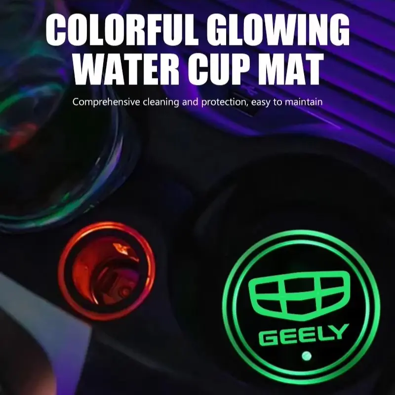 USB Charging 7 Color LED Light Cup Mat For Geely Coolray, Xingyue S, Boyue, Monjaro Luminous Cup Holder Protective Pad