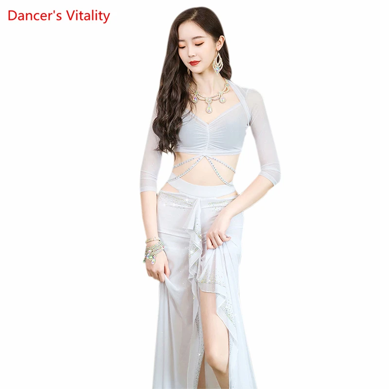 Fato de dança do ventre para mulheres, top de mangas meia Bellydance, saia longa em malha, conjunto profissional oriental, 2 peças