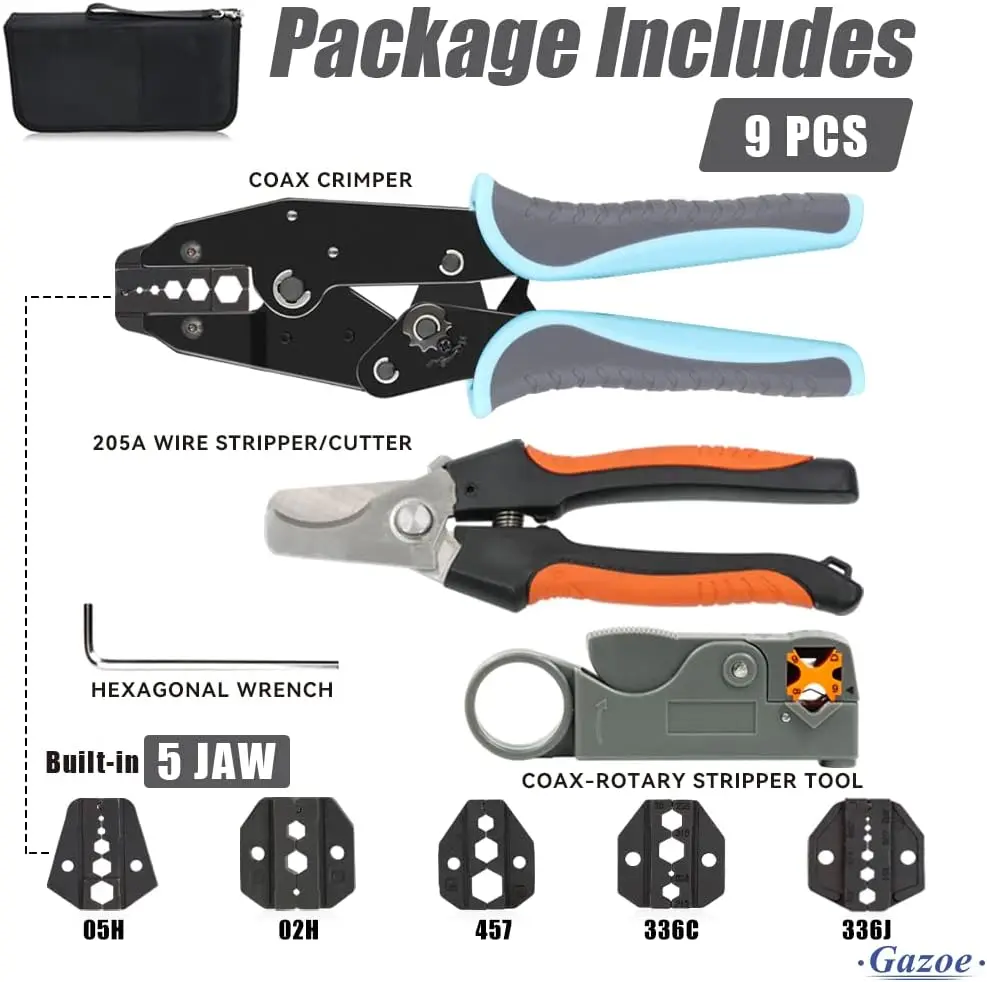 مجموعة أدوات تجعيد محورية متعددة الاستخدامات مع 5 فكي، متجرد، وقاطع لموصلات كابل RG RF