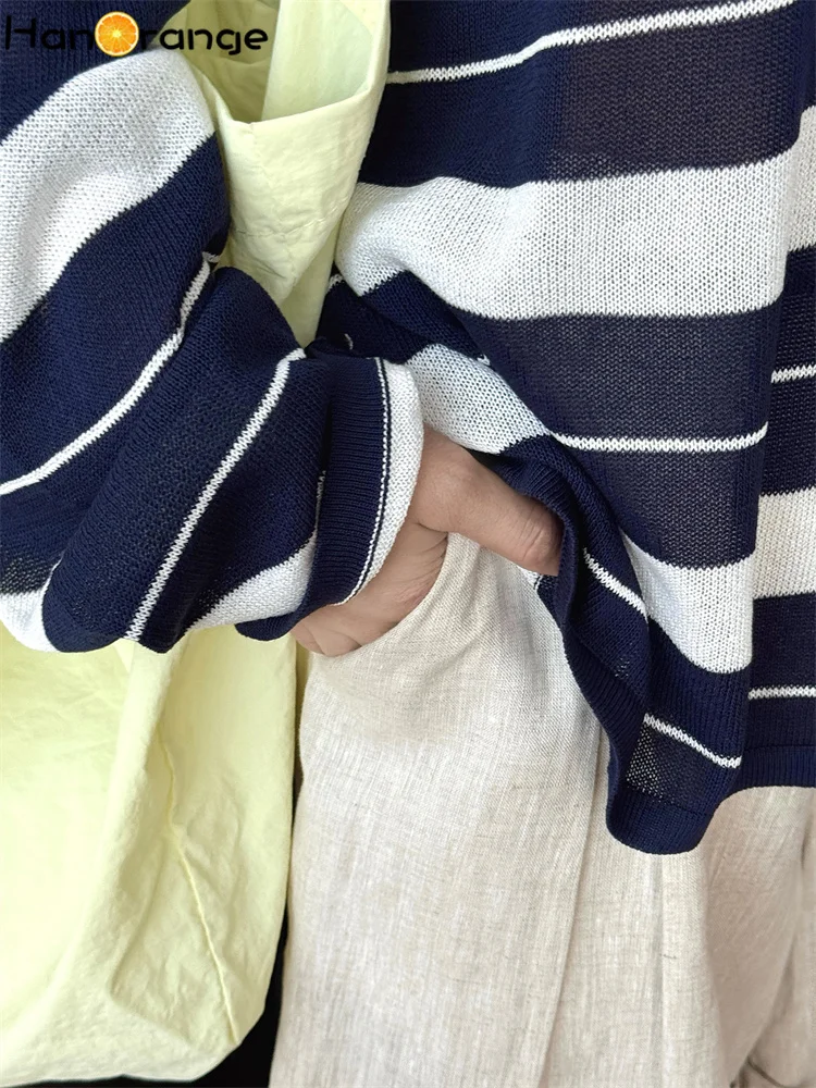 HanOrange 2025 الصيف كسول تقليد الكتان واسعة مخطط واقية من الشمس محبوك سترة المرأة خفيفة الوزن الأزرق الداكن/السماء الزرقاء