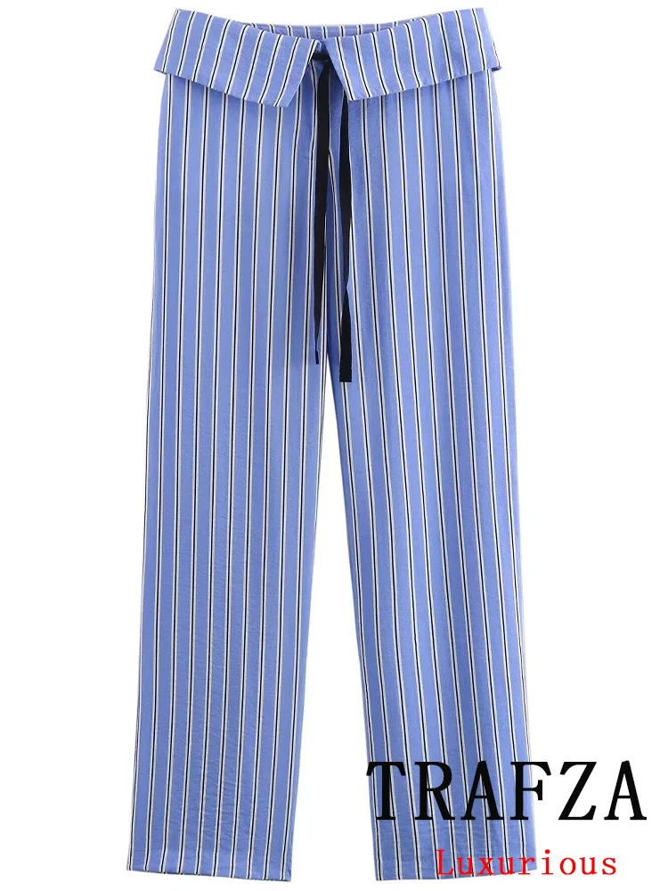 TRAFZA-pantalones holgados de Estilo Vintage para mujer, pantalón holgado recto con cremallera y cordones, estilo informal, a rayas, para vacaciones de verano, 2024