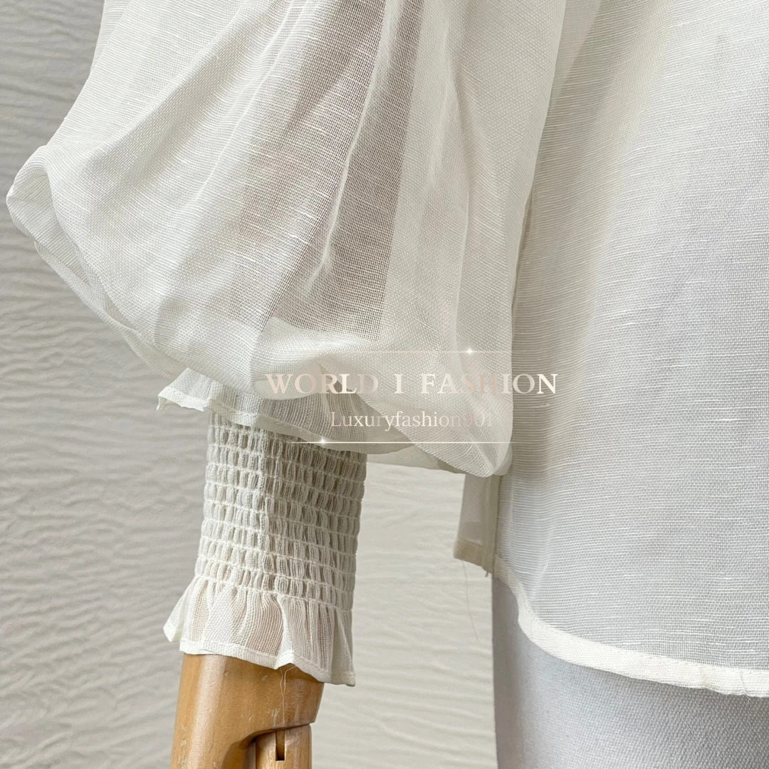 

2025 High Quality Linen and Silk White Ruffles Long Sleeve Blouse Tops